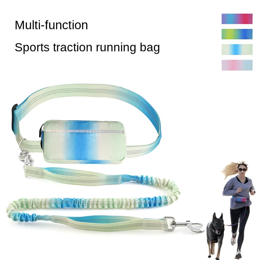 Blue hands-free dog leash with waist belt and reflective elements extended to full length