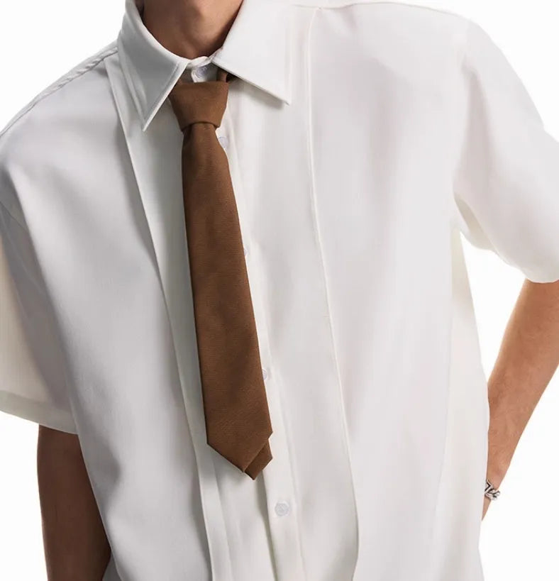 Detachable Padded Shoulder Lapel Short Sleeve Shirt for Men and Women, Loose Fit Minimalist Style, Polyester Blend with Non-Ironing Treatment, Available in Black and White Sizes M to 2XL