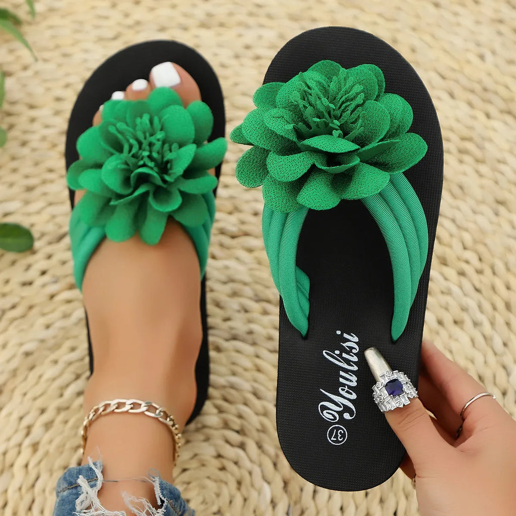 Women's flower flip-flops with EVA sole in solid colours for casual beach wear