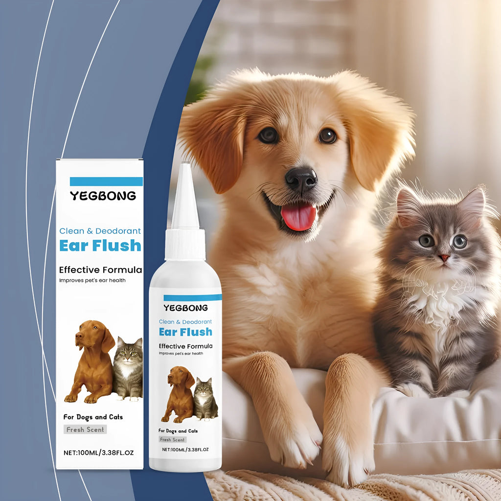 100ml bottle of gentle ear cleaner for dogs and cats with applicator tip for earwax removal.