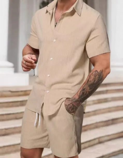 Men's casual striped print suit set with short sleeve shirt and matching shorts in colour YT50313P1