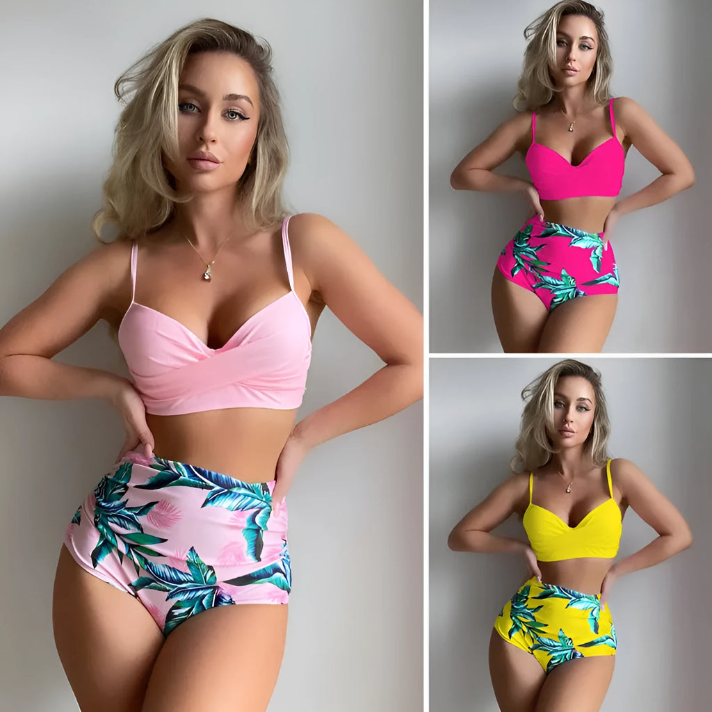 Women's steel bracket push-up bikini set with high-waist floral printed briefs in various colours