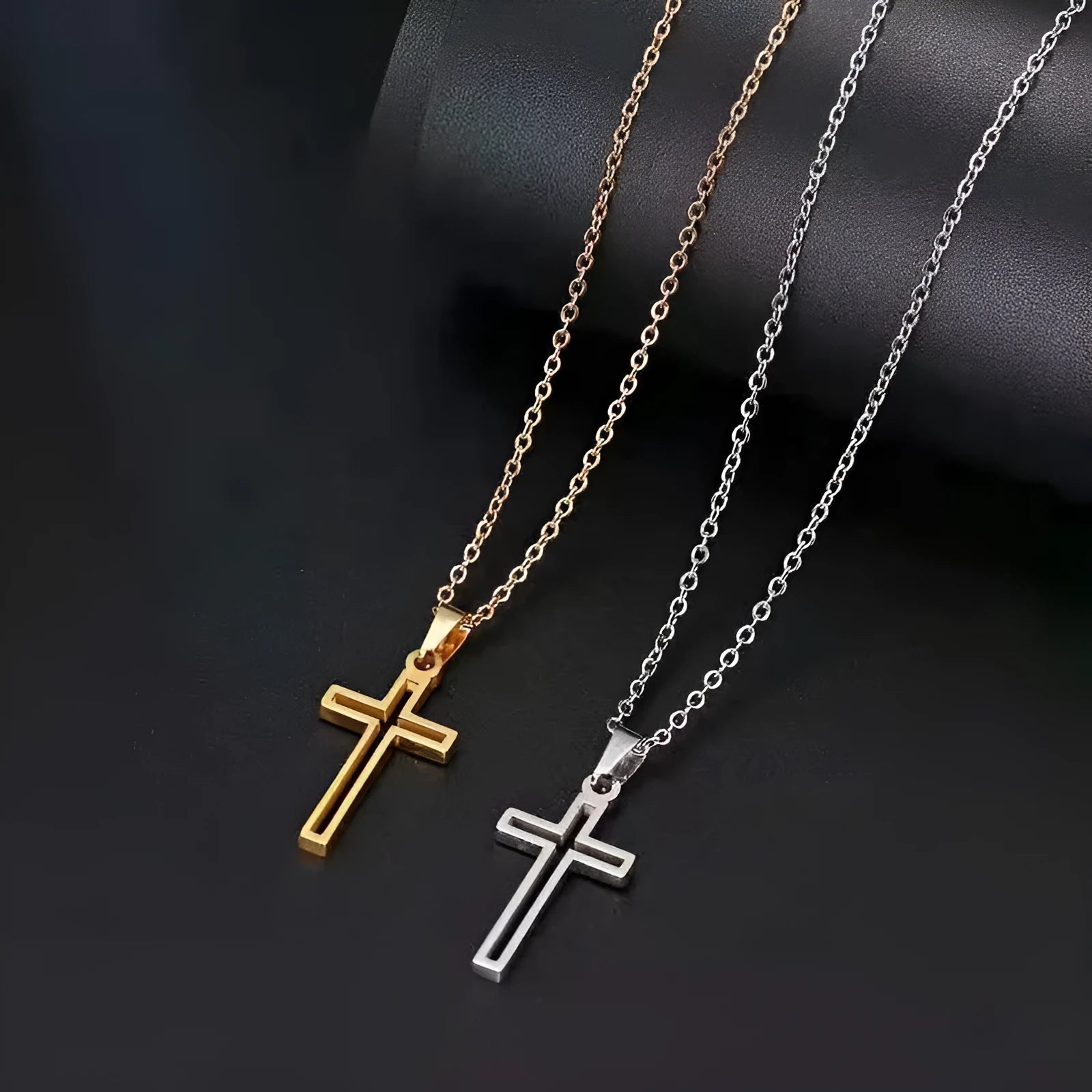 Unisex titanium steel cross necklace with electroplated gold finish on a stainless steel chain