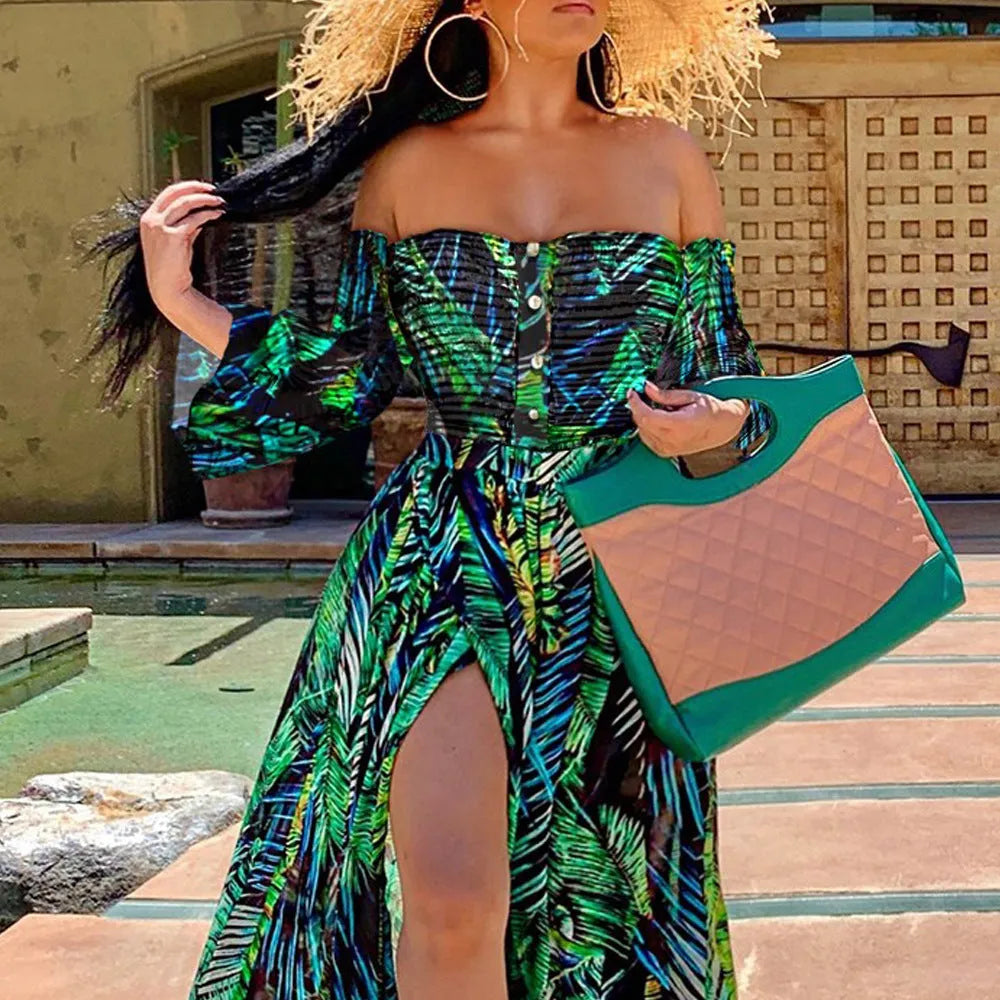 Women's green printed mop dress with long lantern sleeves in polyester fiber fabric