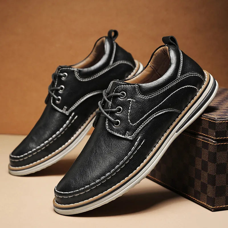 Men's black genuine leather casual shoes with round toe and lace-up front