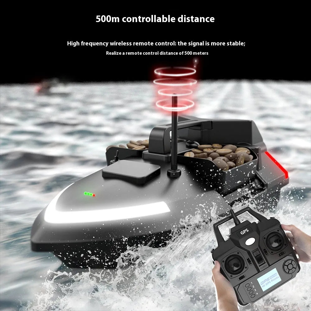 V020 black and luminous yellow remote control GPS fishing boat with handbag and transmitter on grass