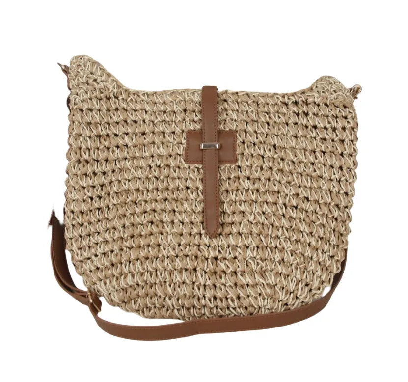 Handmade beige woven bag with special-interest design, 35cm dimensions and adjustable shoulder strap