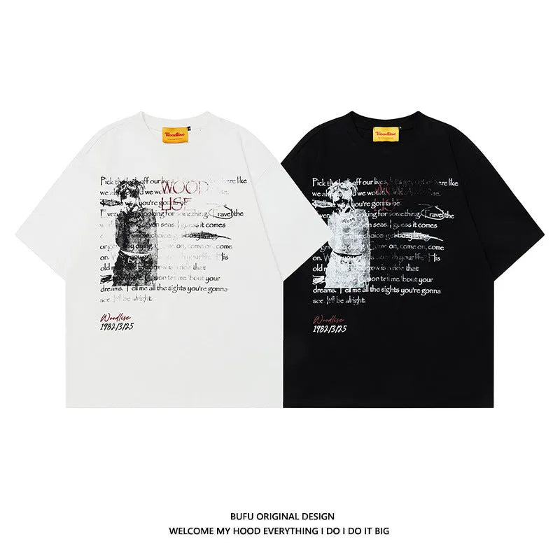 Men's black and white loose fit cotton t-shirt with printed letter design and raglan sleeves
