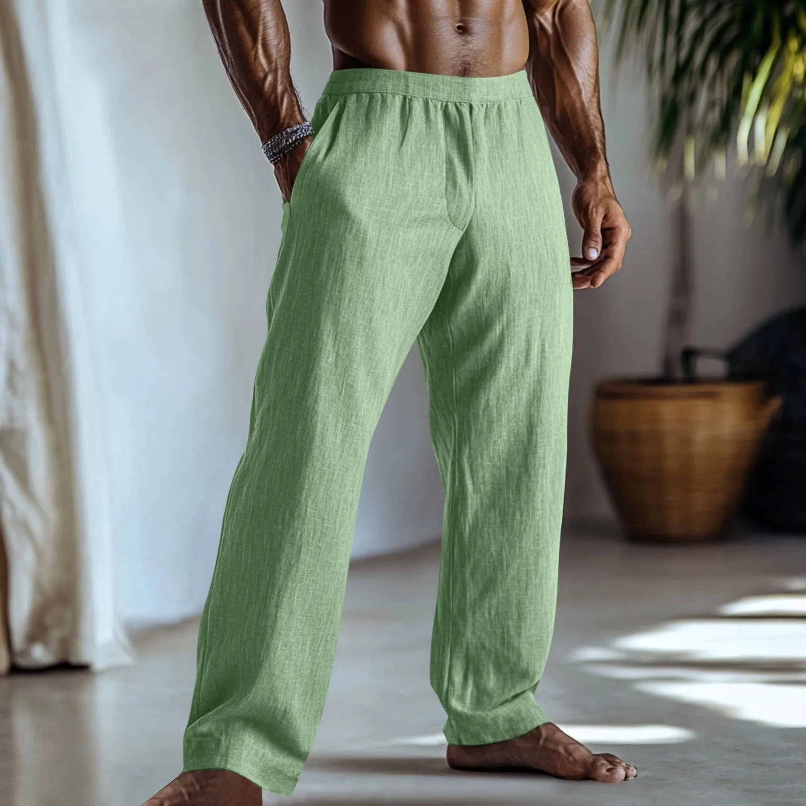 Straight leg casual trousers in a cotton linen blend, shown in one of seven available solid colours.