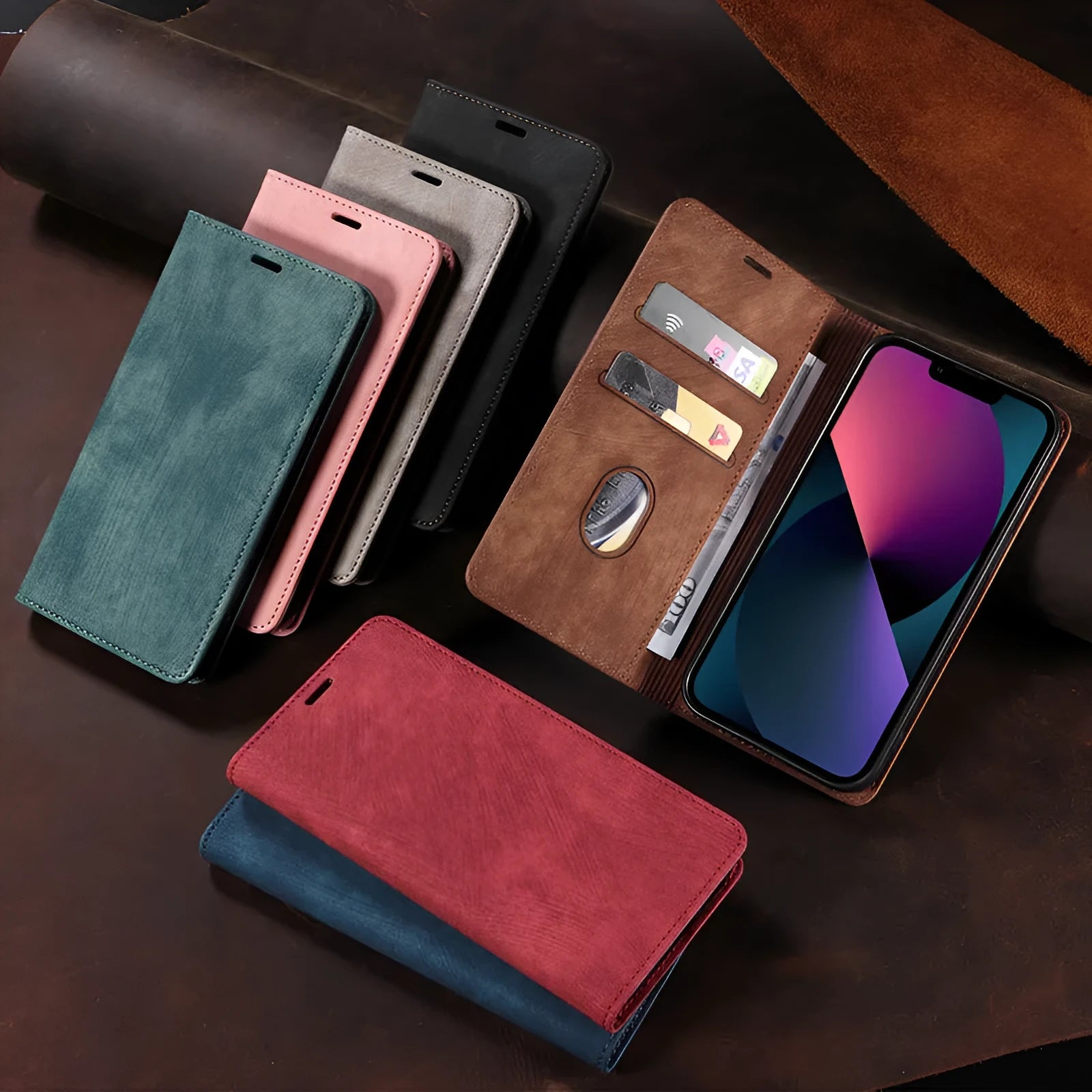 Magnetic flip phone case in synthetic leather showing closed front cover and open view revealing card slot for iPhone.