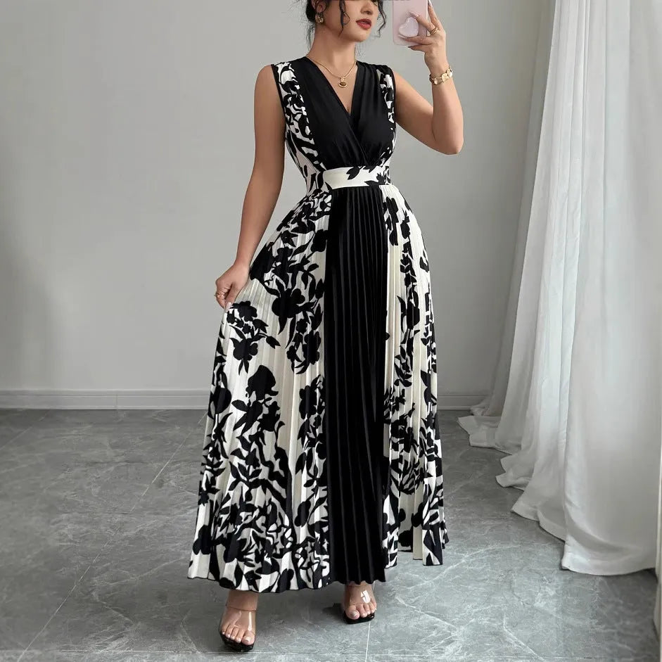 Sleeveless floral print colour-block midi dress with V-neck and high waist, in black polyester