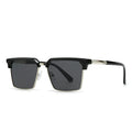 Man wearing square black plastic sunglasses with UV400 lenses, showing the box-style frame from the front.