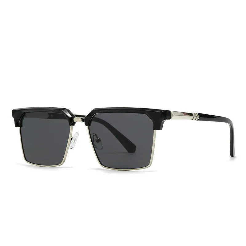 Man wearing square black plastic sunglasses with UV400 lenses, showing the box-style frame from the front.