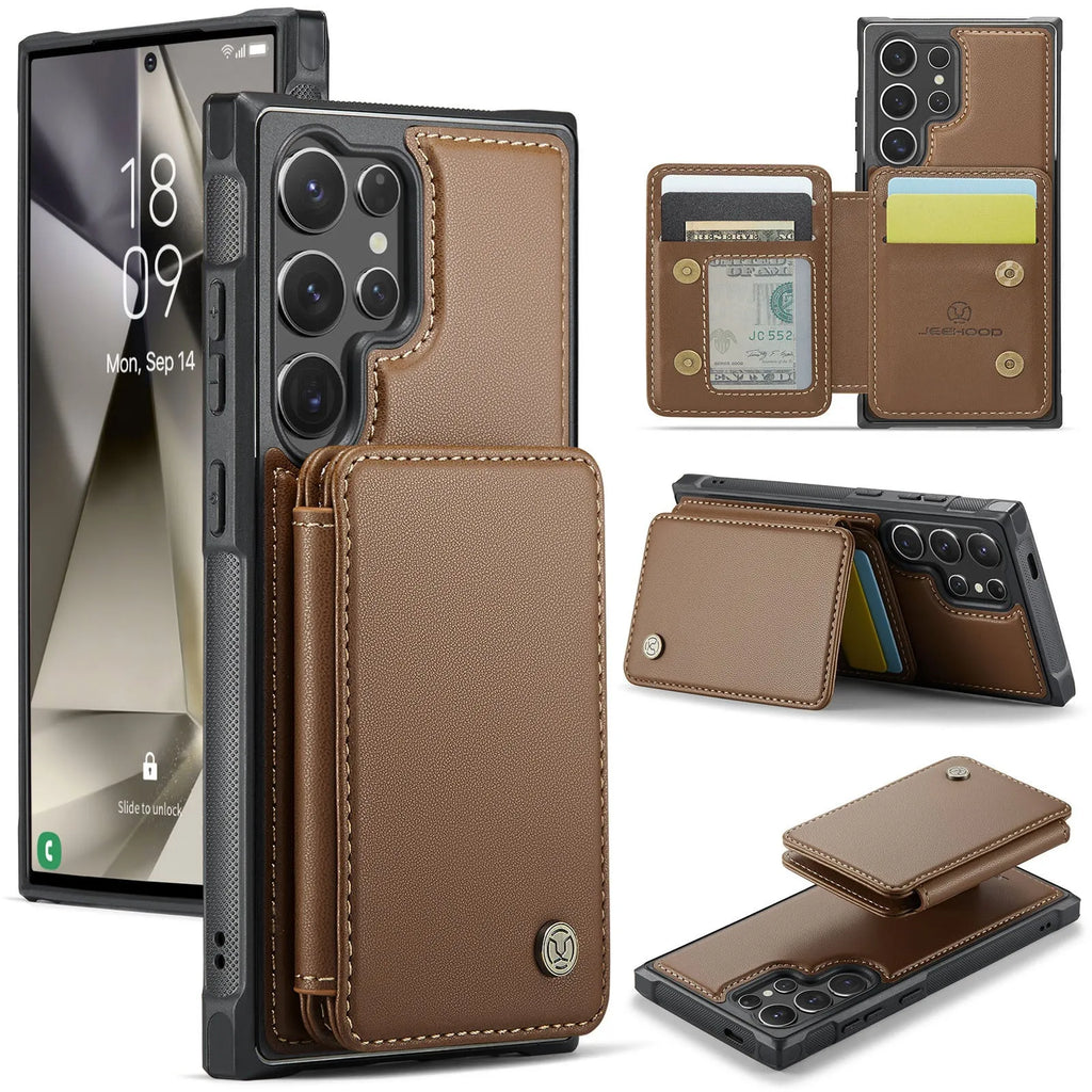 Magnetic card business drop-resistant leather phone case for Samsung, anti-fall wallet style with card slot, imitation leather, black colour