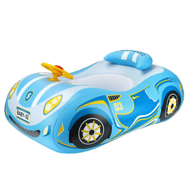 Pink inflatable children's swimming ring with a steering wheel and cartoon sports car boats pattern.