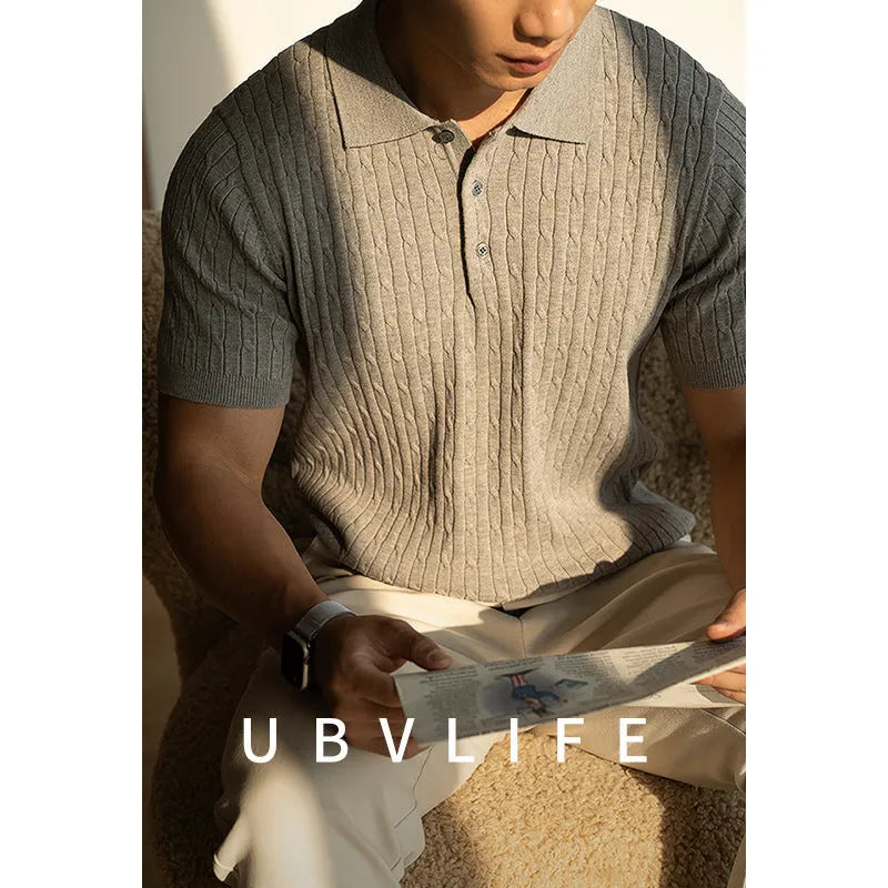 Men's khaki short sleeve business top made from a polyester nylon acrylic wool blend fabric.