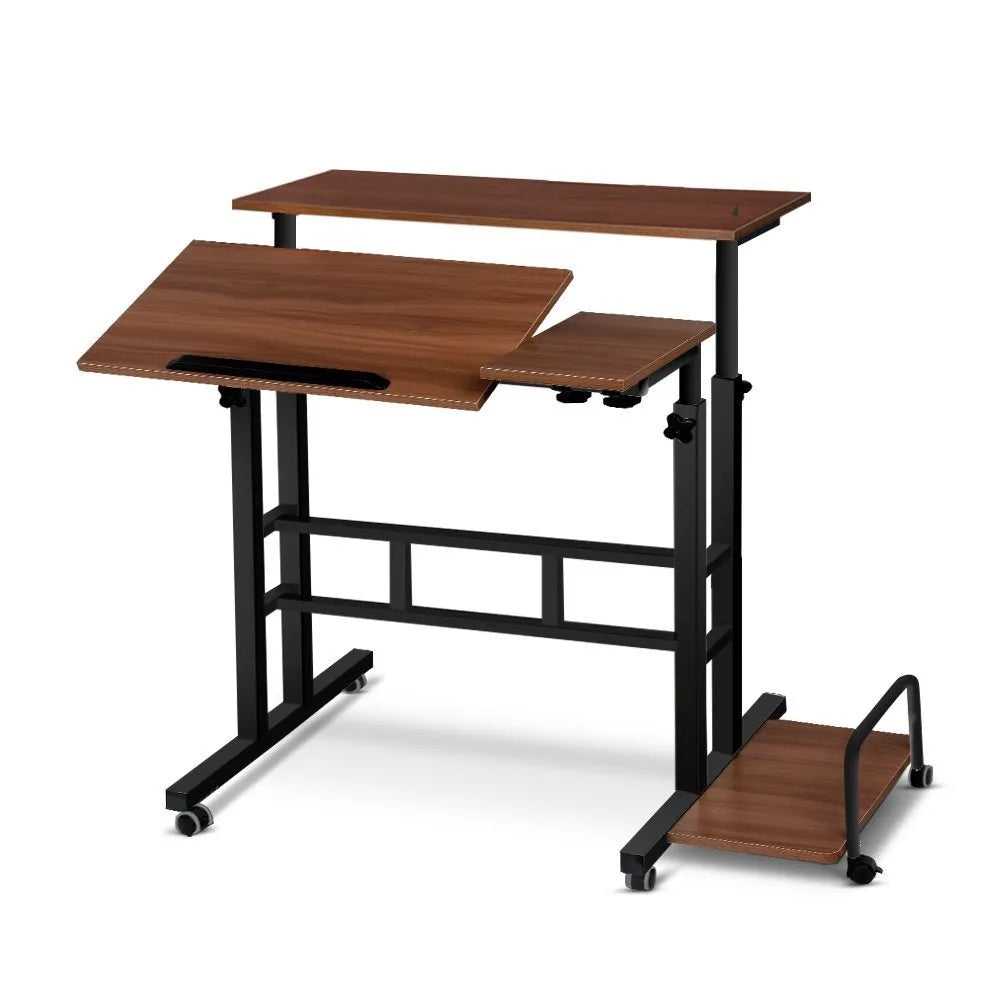 Mobile computer lifting foldable standing desk in walnut colour with plate material construction for bedroom or bedside use
