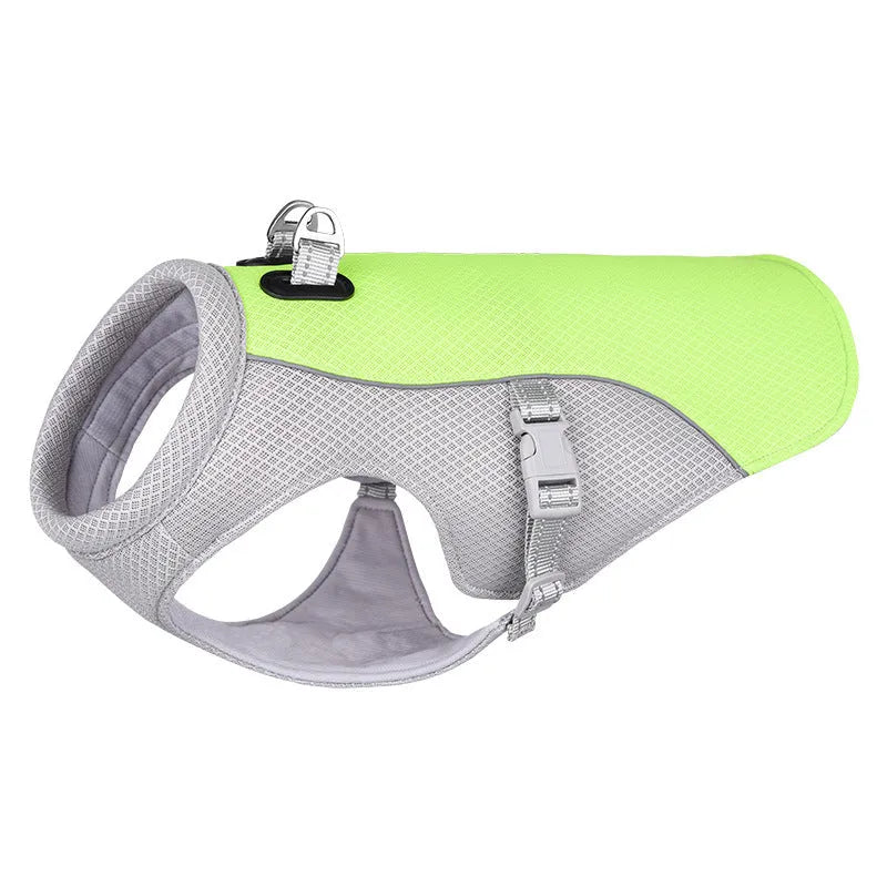 Orange polyester dog cooling vest showing layered construction for summer heat and sun protection.