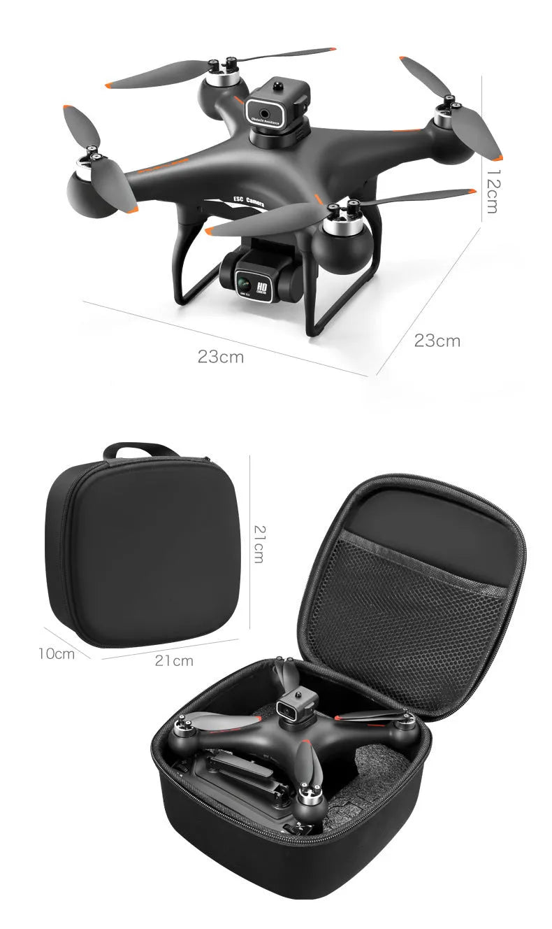 Black and white brushless quadcopter drone with four-side obstacle avoidance sensors and camera.