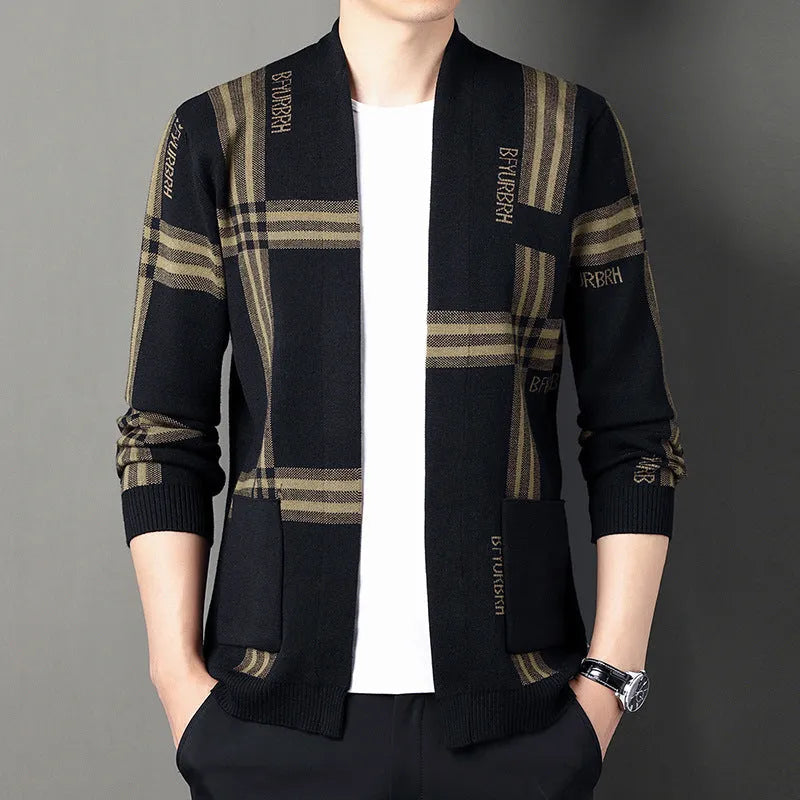 Men's long-sleeve knitted cardigan coat in camel colour, slim fit, side view on mannequin