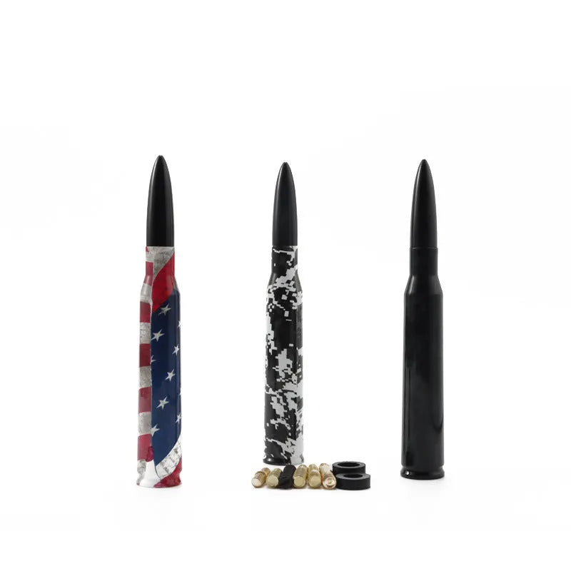 14cm bullet car antenna in camouflage green, American flag, and black colour options