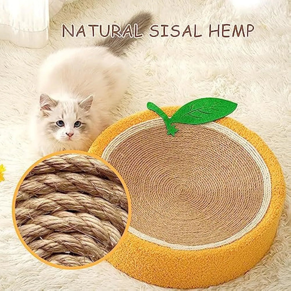 Yellow round sisal cat scratching board and bed with a concave centre for sleeping.