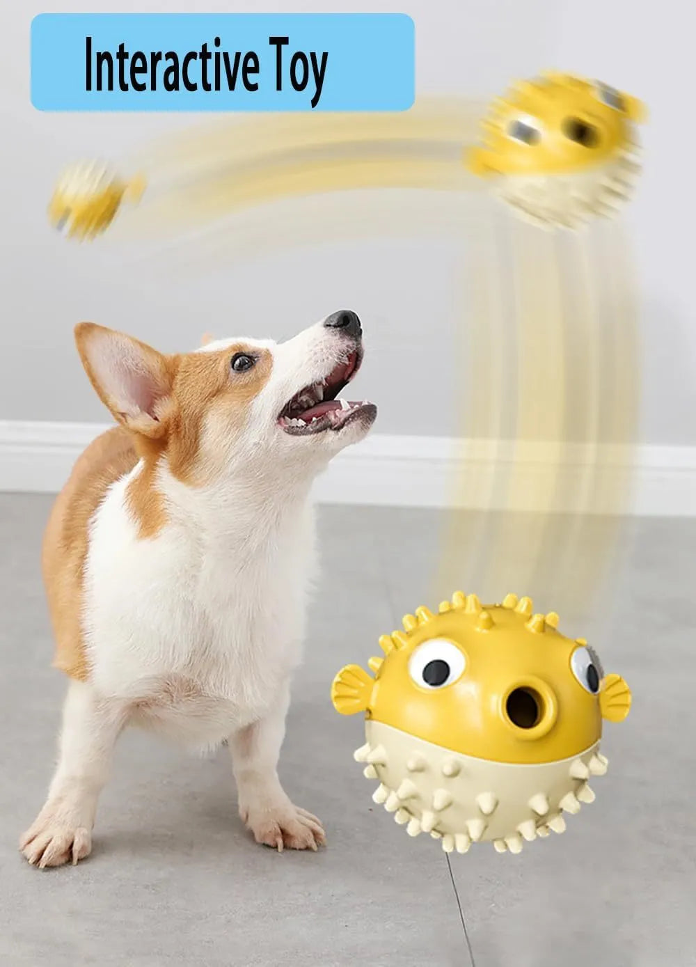 Green fish-shaped dog chew toy with textured surface, shown next to dog treats.