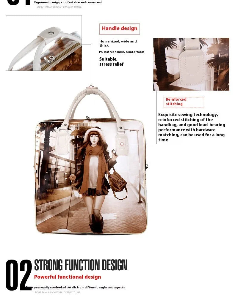 Medium square purple and pink cartoon style PU leather travel bag with a soft handle and outer pockets.