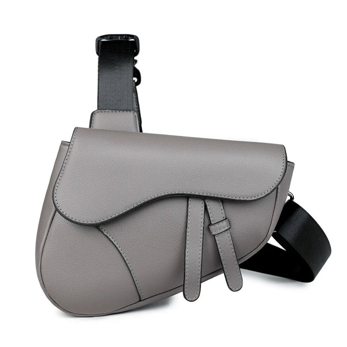 Unisex saddle shoulder crossbody chest bag in black synthetic leather with stitching and splicing details