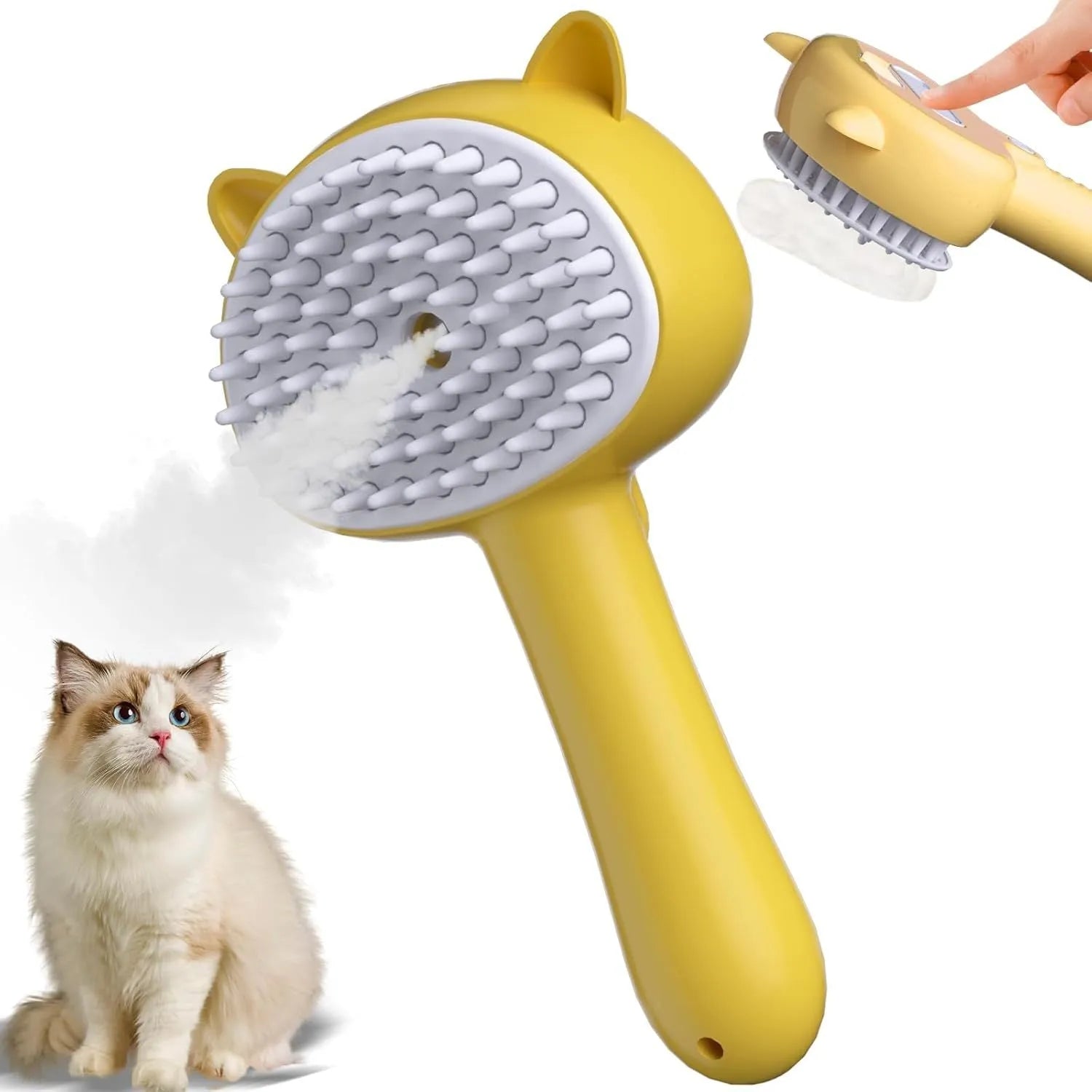 Blue cat steam brush with ergonomic handle and soft rubber comb teeth for pet grooming