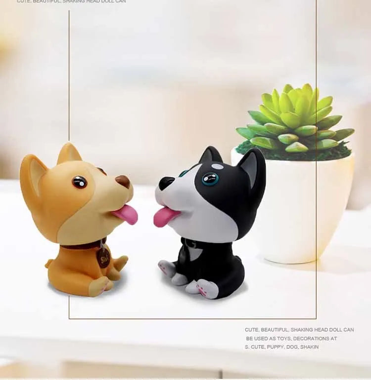 PVC nodding dog bobblehead in khaki, 9.3 cm tall, on a car dashboard