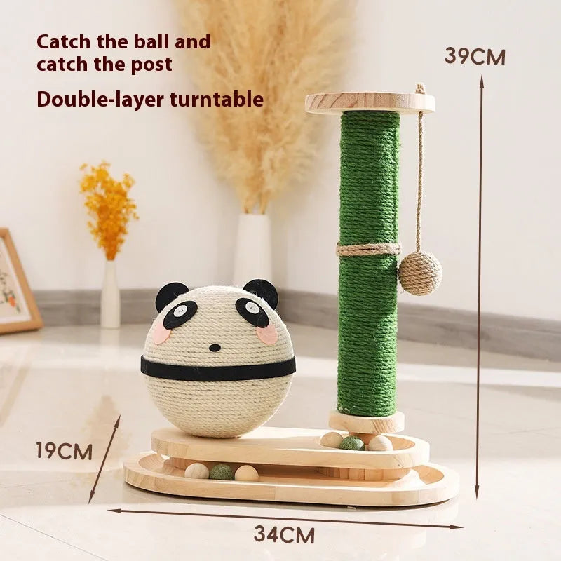 Solid wood cat scratch board toy with a rotating turntable and a ball, shown in a panda-themed design.