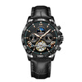 Men's automatic mechanical watch with hollowed-out dial, silver case, green circle, and black leather strap