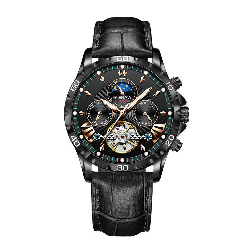 Men's automatic mechanical watch with hollowed-out dial, silver case, green circle, and black leather strap