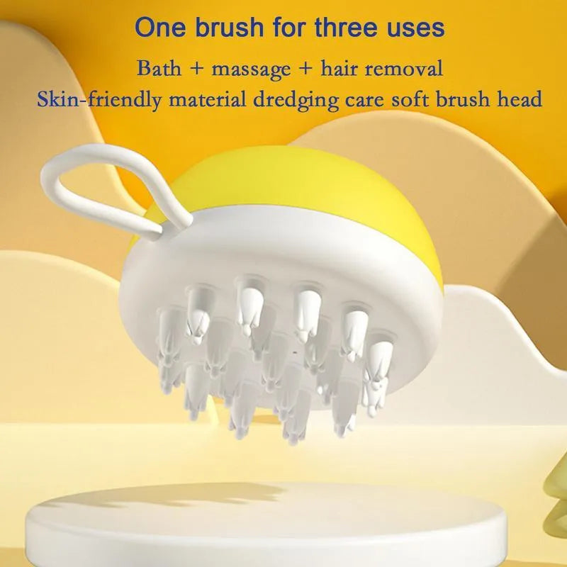 Blue, grey, and yellow silicone dog shampoo brush with massage points for washing and grooming