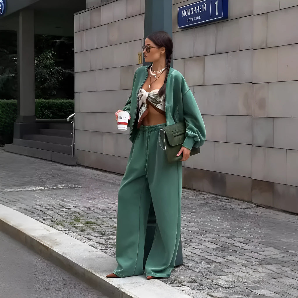 Green thermal zipper long sleeve stand collar sweater set for women, autumn winter cotton outfit