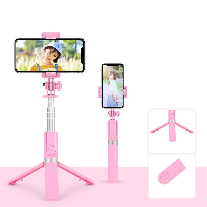 Aluminium alloy folding selfie stick stand with Bluetooth remote and detachable fill lights on a desktop