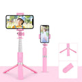 Aluminium alloy folding selfie stick stand with Bluetooth remote and detachable fill lights on a desktop