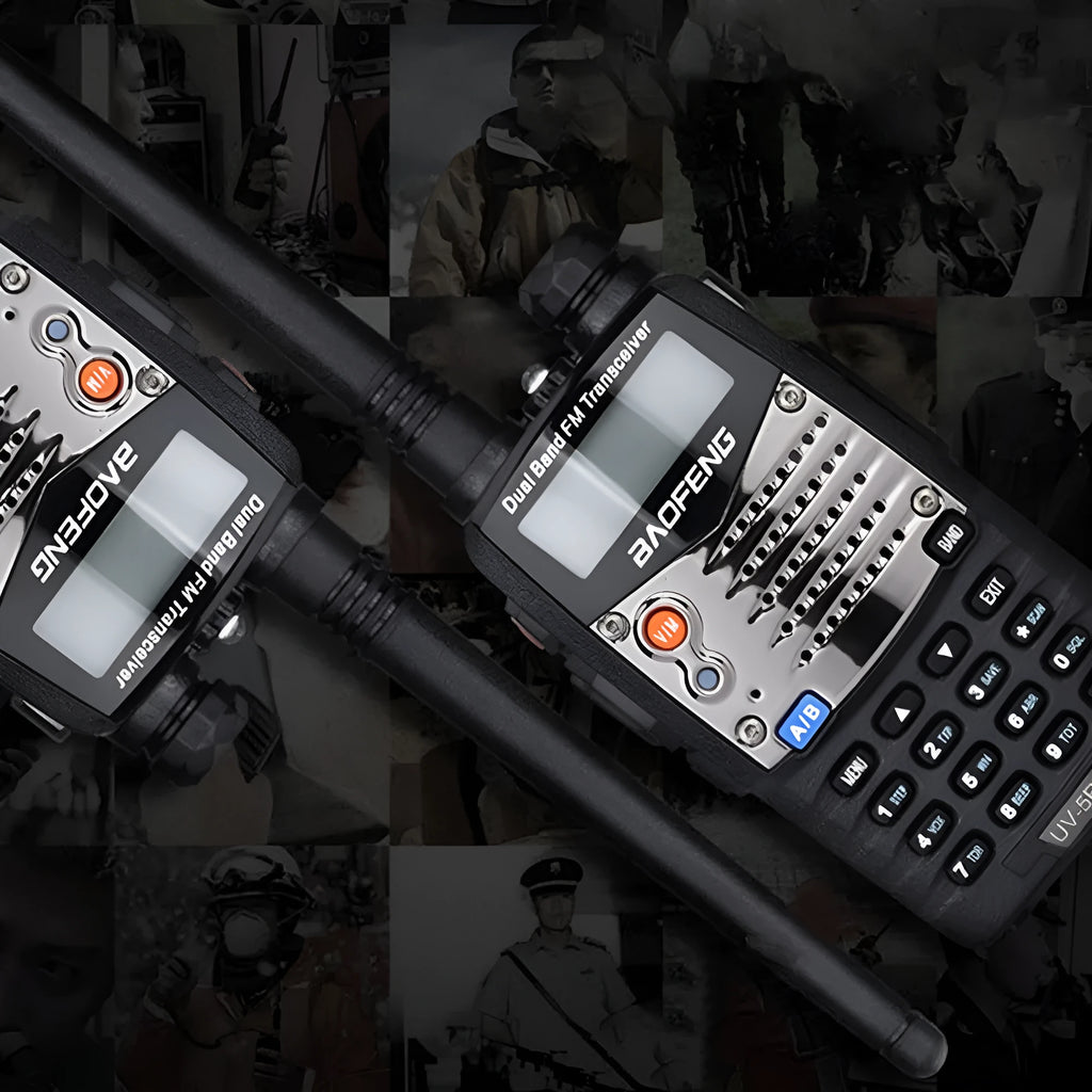 Baofeng UV-5RA dual-band two-way radio with dual display, shown without battery.