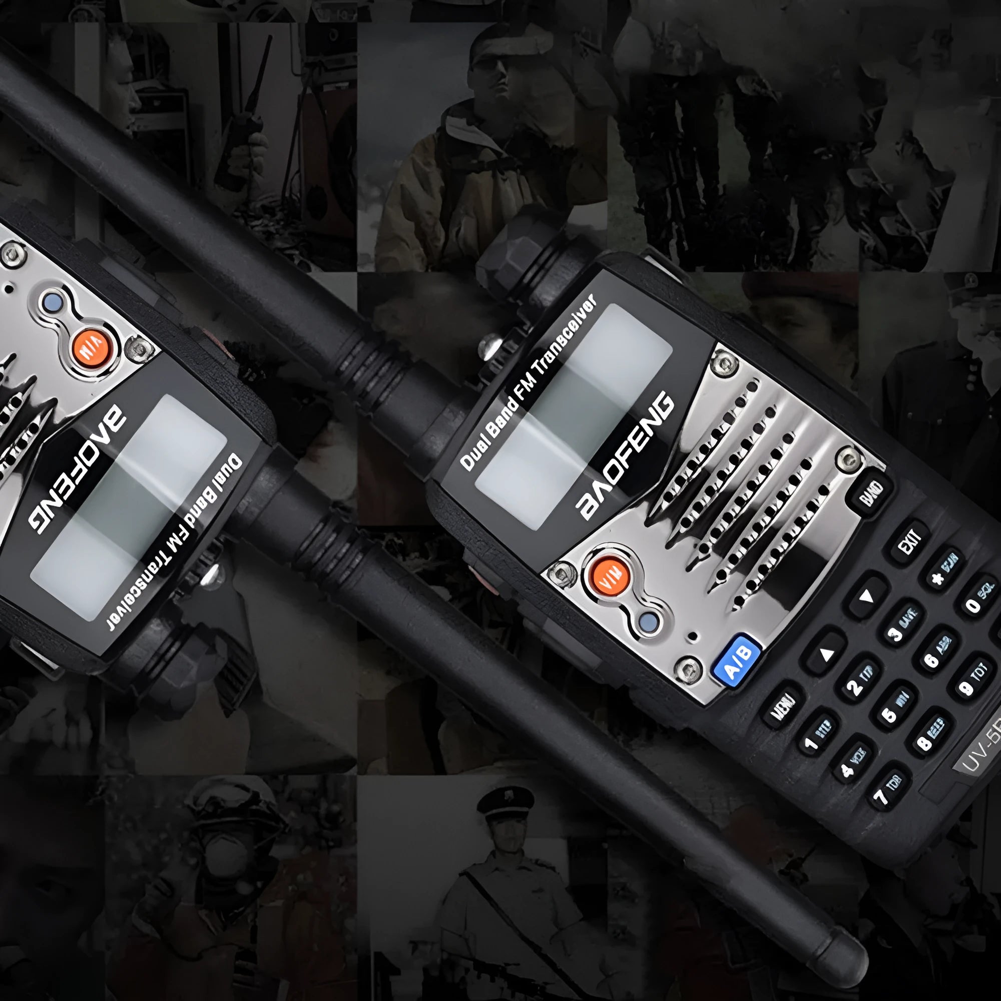 Baofeng UV-5RA dual-band two-way radio with dual display, shown without battery.