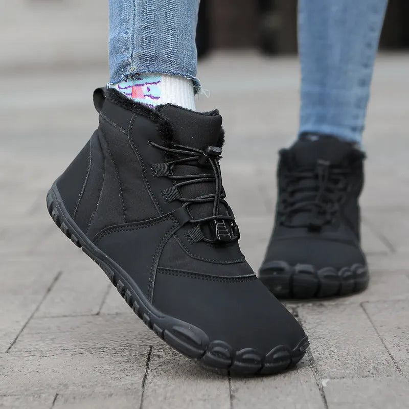 Waterproof unisex snow boots in black, khaki, or pink with round toe and front lace-up.
