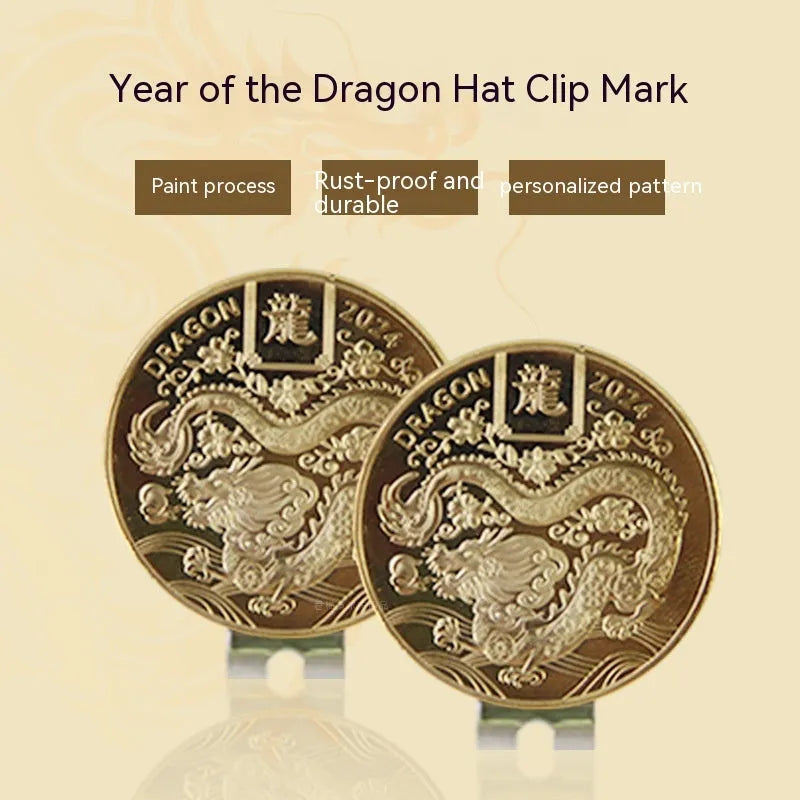Zinc alloy golf hat clip with engraved personalised metal patterns including Dragon Year motif