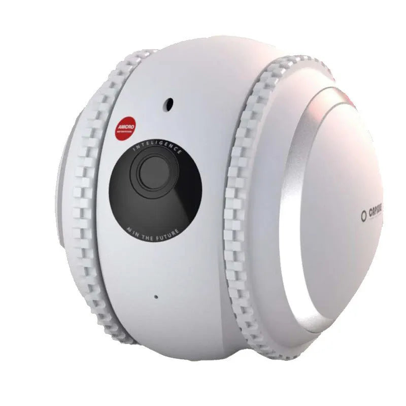 White pet companion robot with automatic recharge for cat monitoring and interactive play