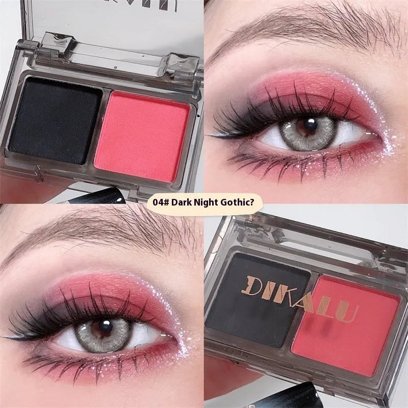 Cool two-tone eye shadow plate showing pink and black matte shimmer colours in a standard cosmetic compact.