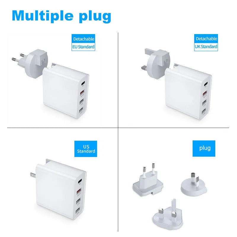 White fast charge wall charger with multiple USB ports on a table.