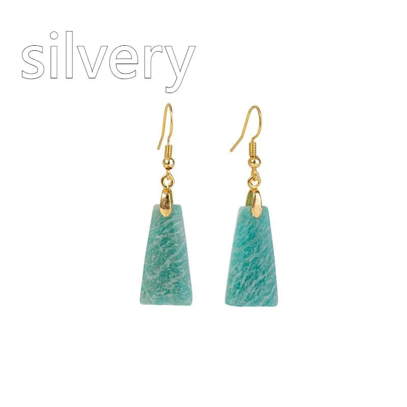Amazonite rough stone trapezoid earrings with geometric design in gold or silver colour