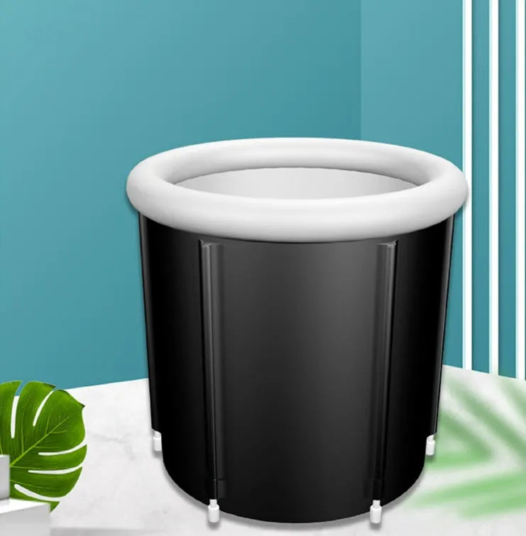 Black portable inflatable ice bath measuring 70x80cm with weather lid and accessories
