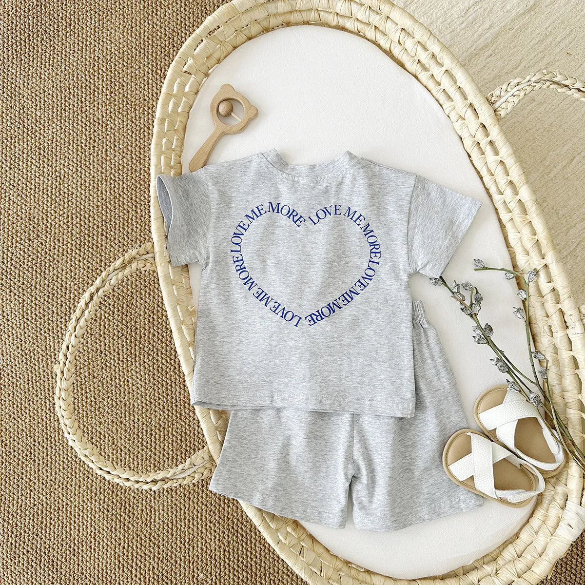 Korean style heart print cotton baby suit two-piece set in pink colour
