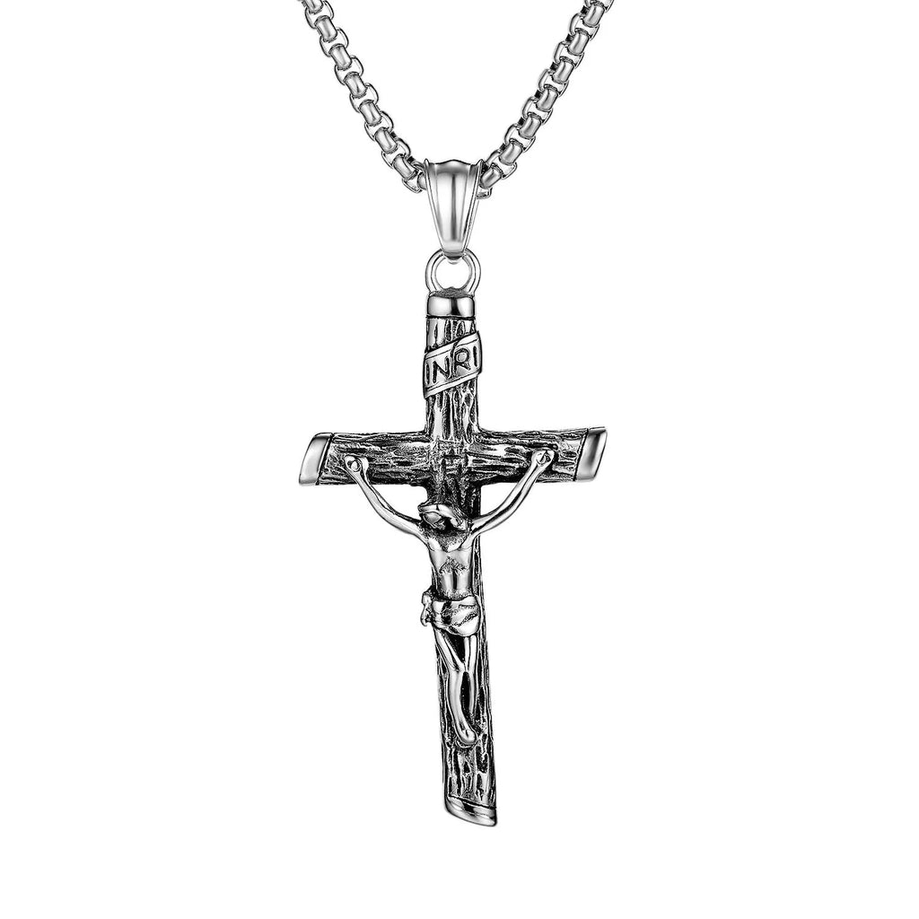 Christian cross pendant necklace on titanium steel pearl chain, bronze colour, unisex style