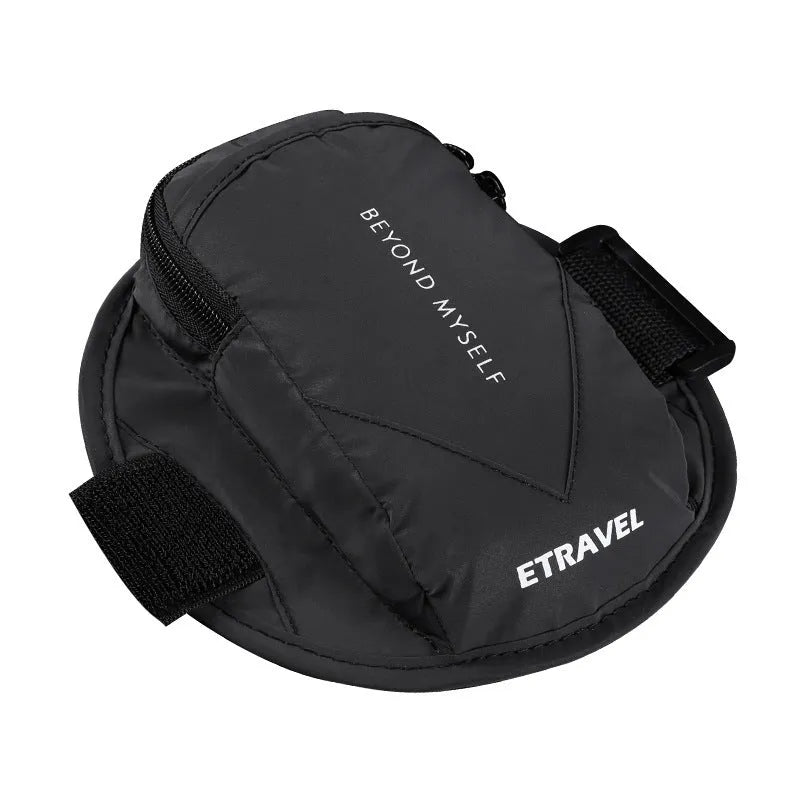 Black reflective running arm bag with adjustable strap, shown holding a large smartphone.